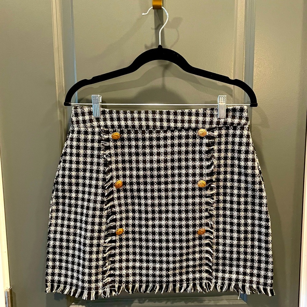 Shein Plaid Pattern Zipper Back Tweed Frayed Mini Skirt